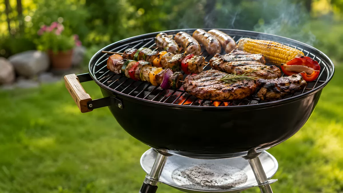 Gefüllter Kugelgrill mit Steaks und Gemüsespießen