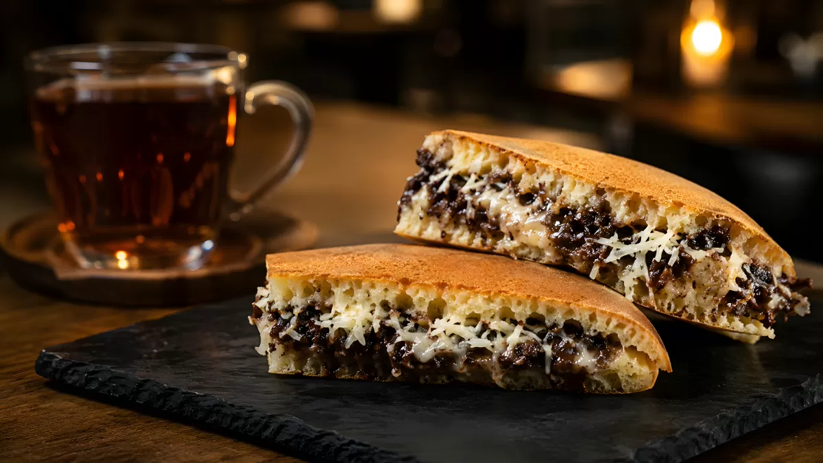 Gefülltes Sandwich mit Fleisch und Käse auf Schieferplatte