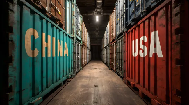 Gegenüberstellung von China- und USA-Containern in Lagerhalle