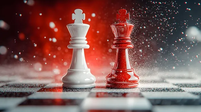 Gegenüberstellung zweier Schachfiguren in Rot und Weiß