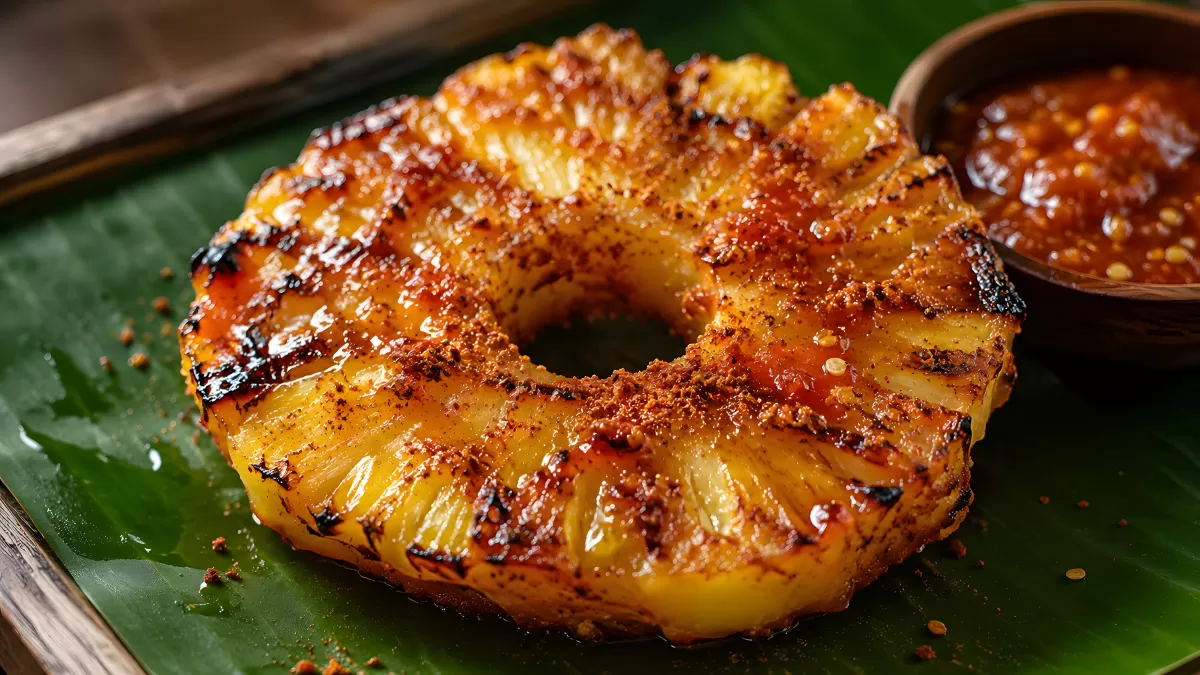 Gegrillte Ananasscheibe mit Chiligewürz auf Bananenblatt