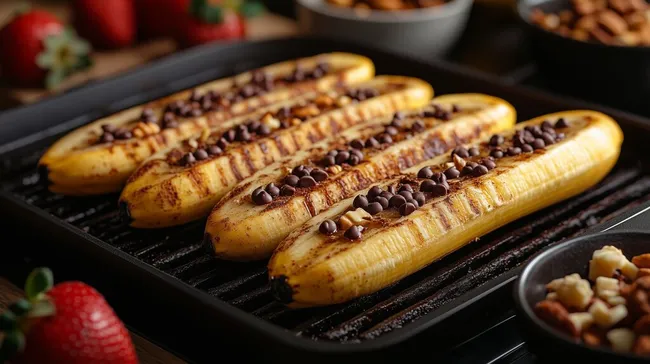 Gegrillte Bananen mit Schokolade und Nüssen auf Grillrost