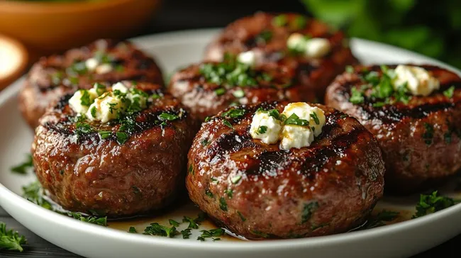 Gegrillte Bifteki-Scheiben mit Fetakäse-Füllung