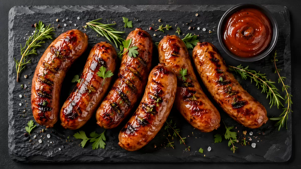 Gegrillte Bratwürste auf Schieferplatte mit Ketchup