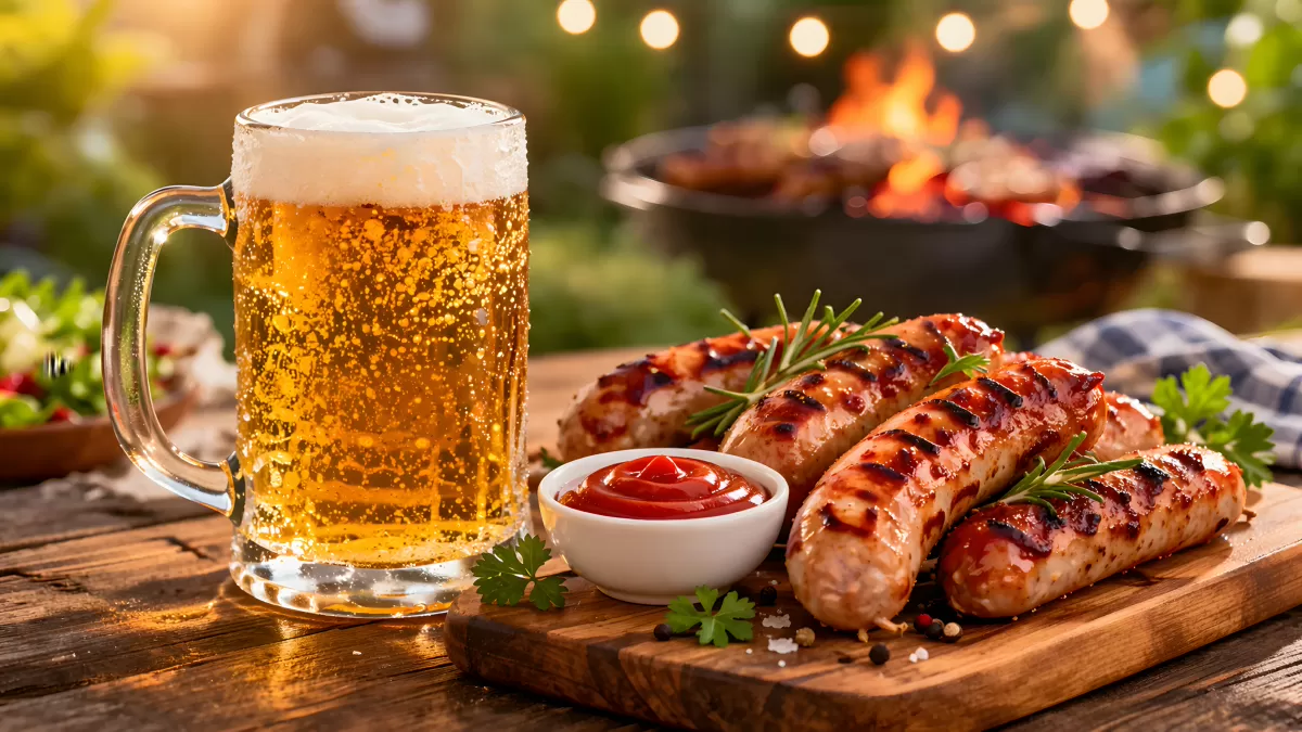 Gegrillte Bratwürste mit Bier und Ketchup im Freien