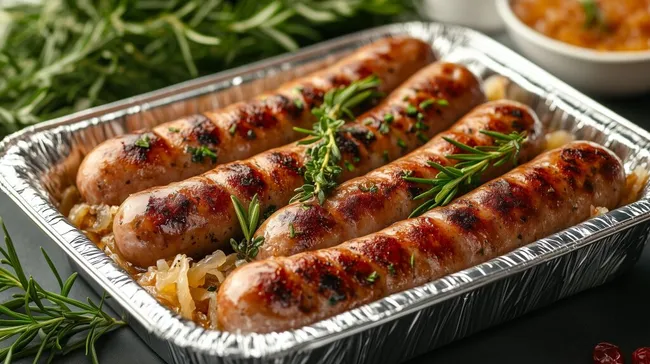 Gegrillte Bratwürste mit Sauerkraut in Aluschale