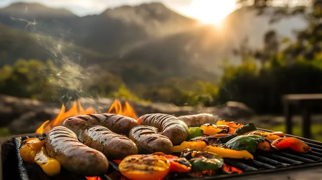 Gegrillte Bratwurst und Gemüse im Abendlicht
