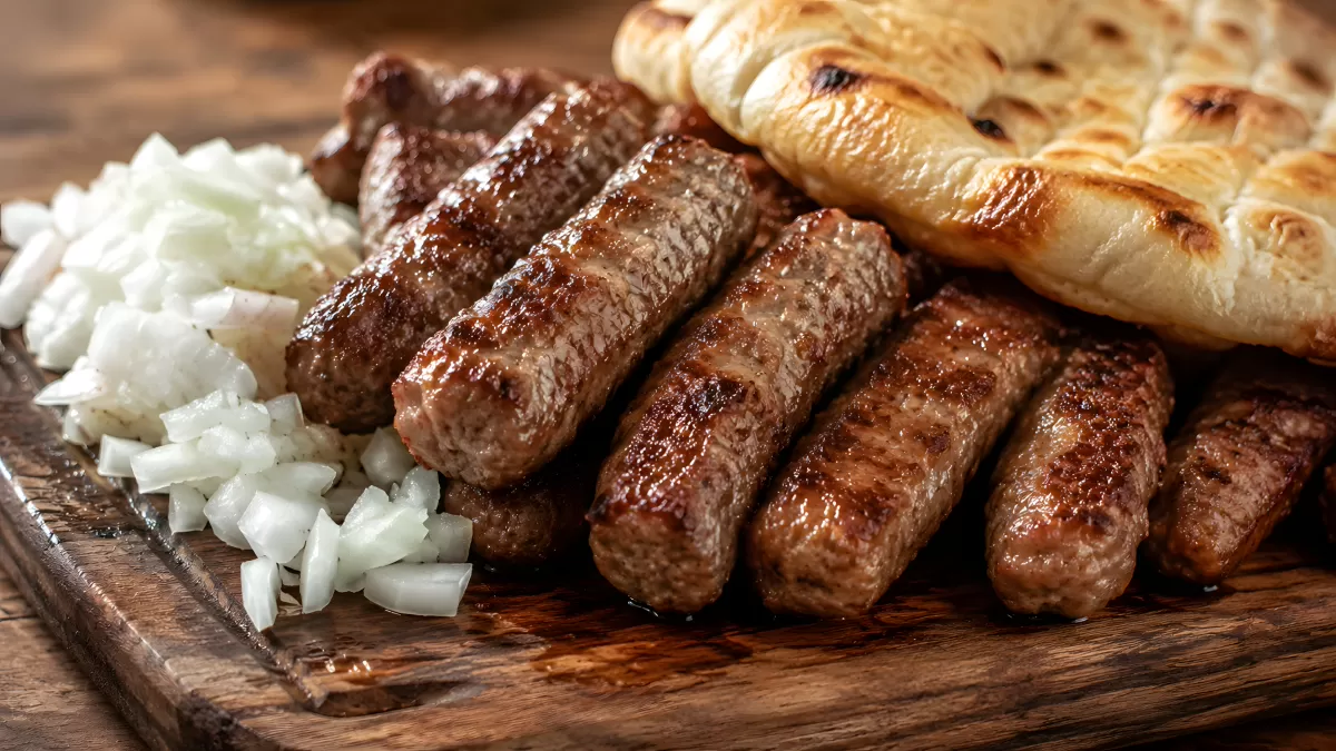 Gegrillte Ćevapčići mit Zwiebeln und Fladenbrot