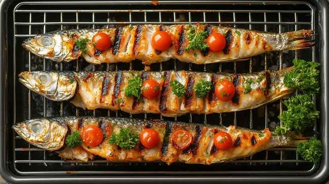 Gegrillte Fischfilets mit Kirschtomaten und Petersilie
