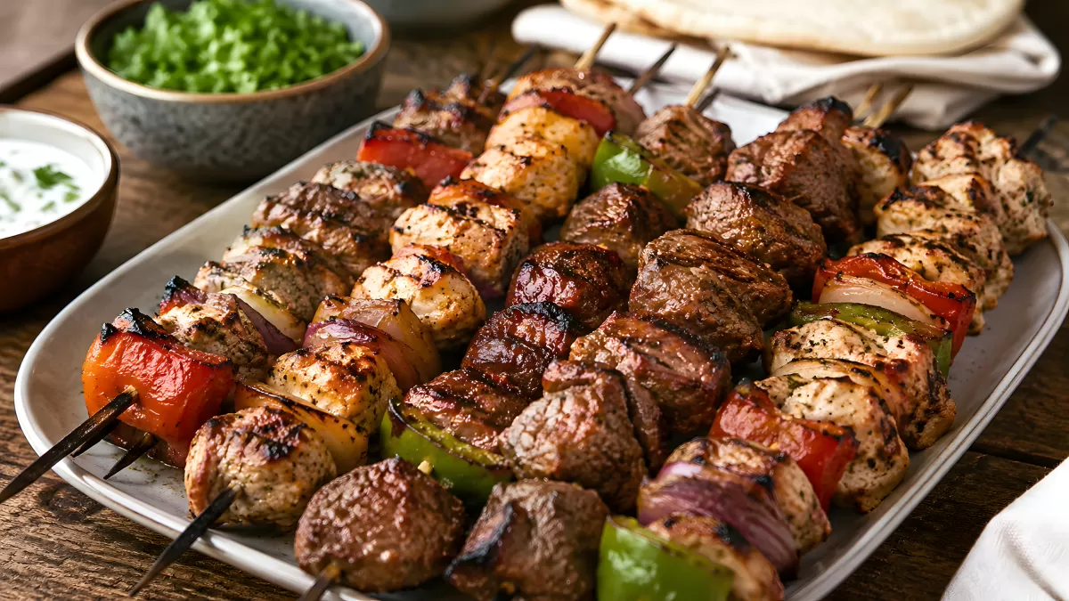 Gegrillte Fleischspieße mit Gemüse auf Servierteller