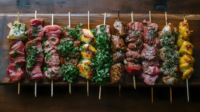 Gegrillte Fleischspieße mit Gemüse und Kräutern