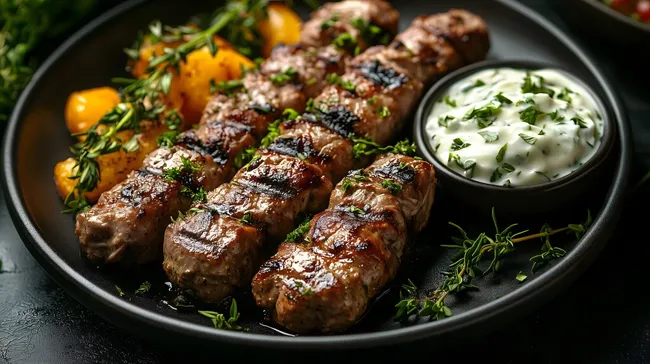 Gegrillte Fleischspieße mit Tzatziki und Kräutern