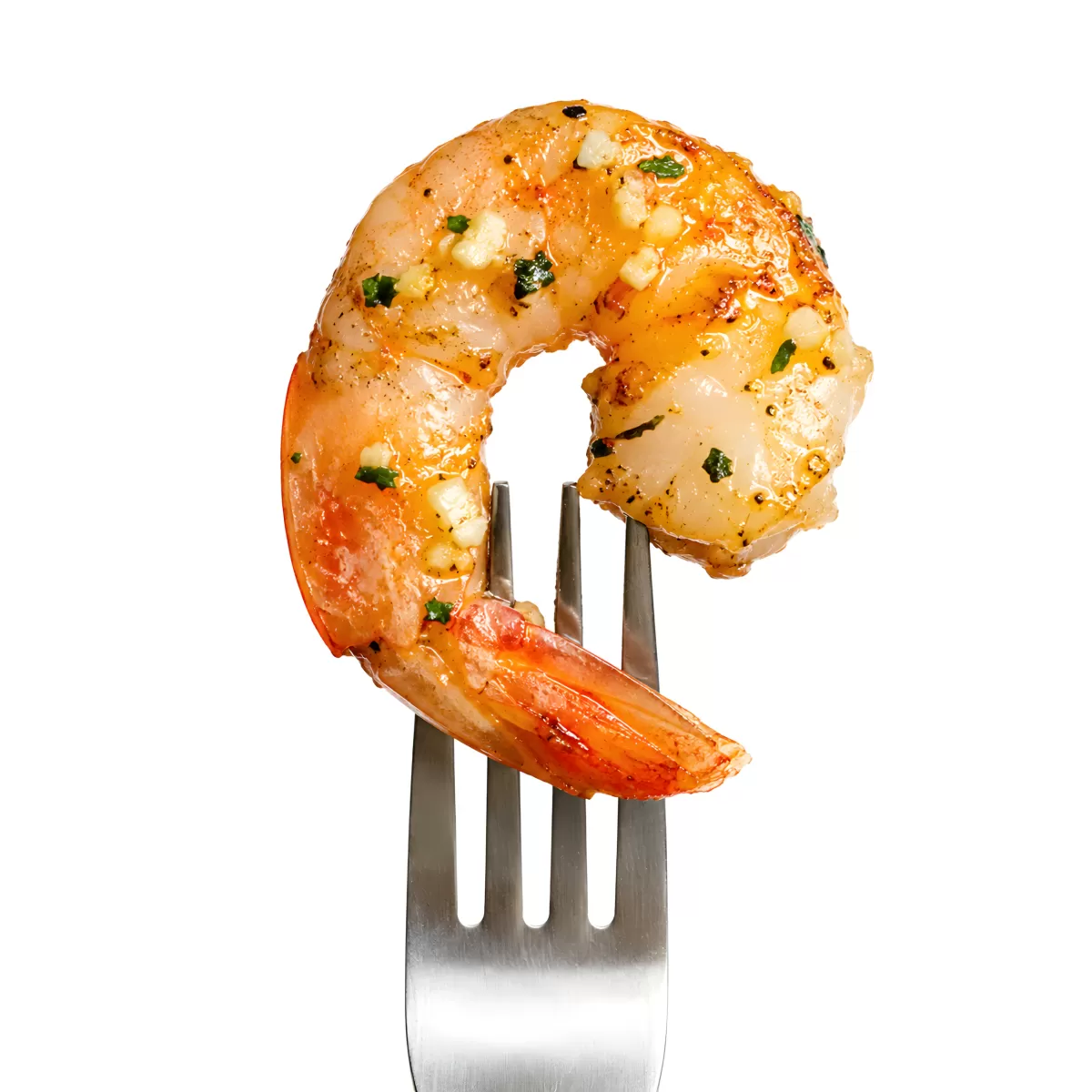 Gegrillte Garnele mit Knoblauch auf einer Gabel
