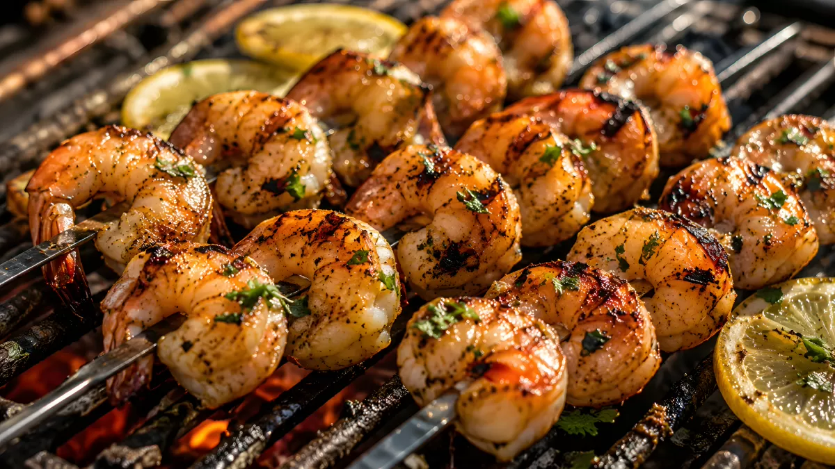 Gegrillte Garnelen auf Spießen mit Zitrone