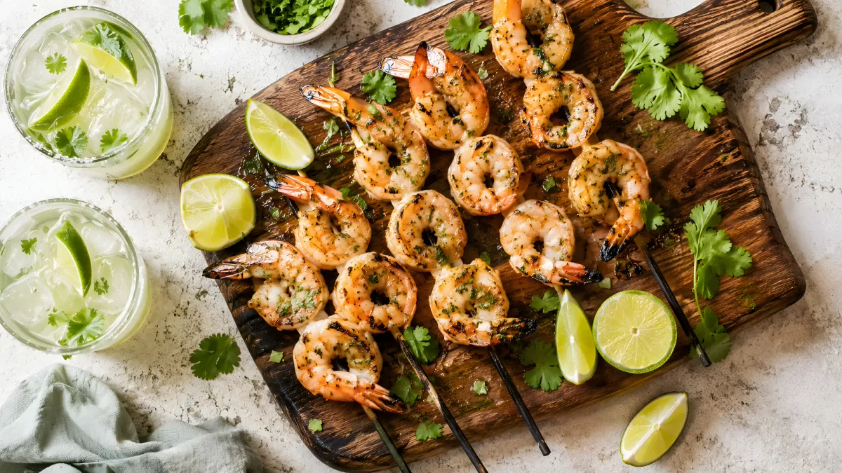 Gegrillte Garnelen-Spieße mit Limette und Koriander