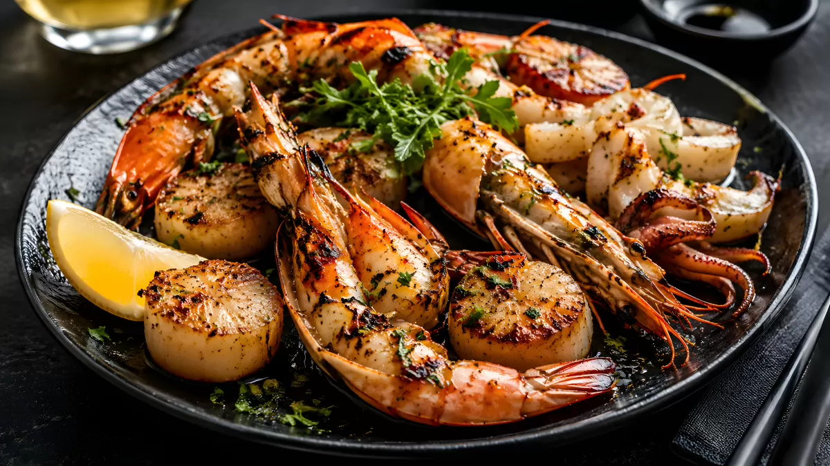 Gegrillte Garnelen und Jakobsmuscheln auf schwarzem Teller