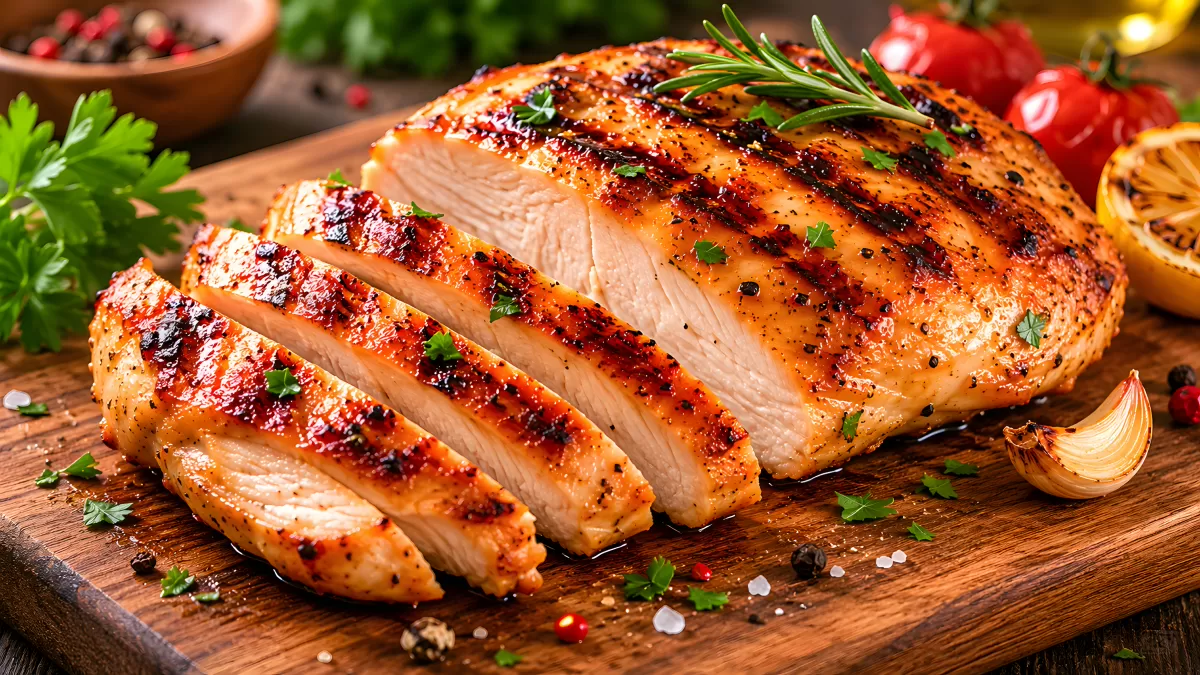 Gegrillte Hähnchenbrust in Scheiben auf Holzbrett