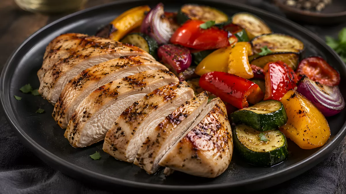Gegrillte Hähnchenbrust mit buntem Gemüse auf Teller