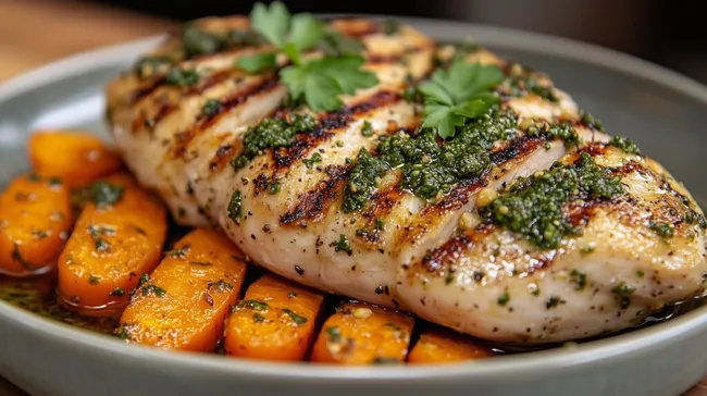 Gegrillte Hähnchenbrust mit frischem Bärlauchpesto auf karamellisierten Möhren