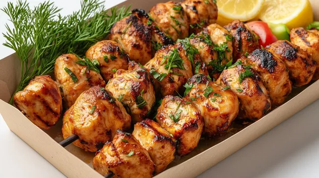 Gegrillte Hähnchenkebabs in nachhaltiger Verpackung
