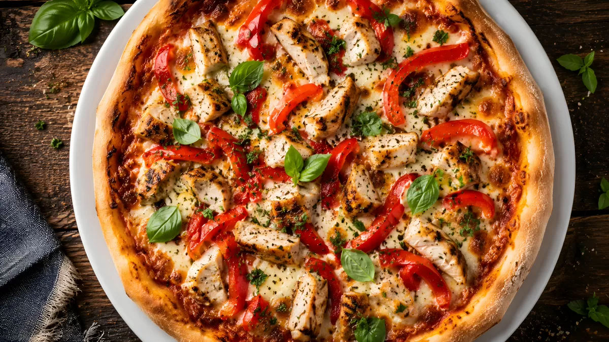 Gegrillte Hähnchenpizza mit roten Paprika und Basilikum