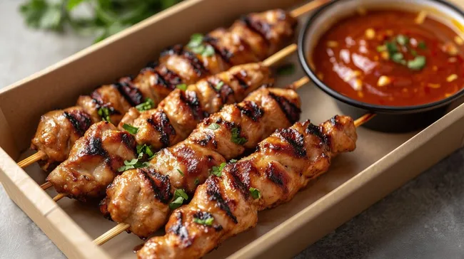 Gegrillte Hähnchenspiesse mit Erdnusssauce