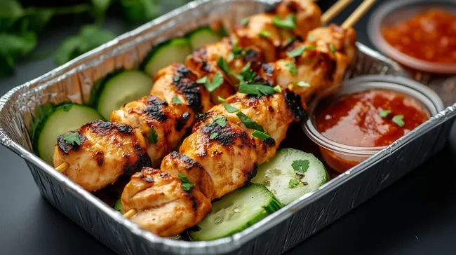 Gegrillte Hähnchenspiesse mit Gurkenscheiben und Sauce