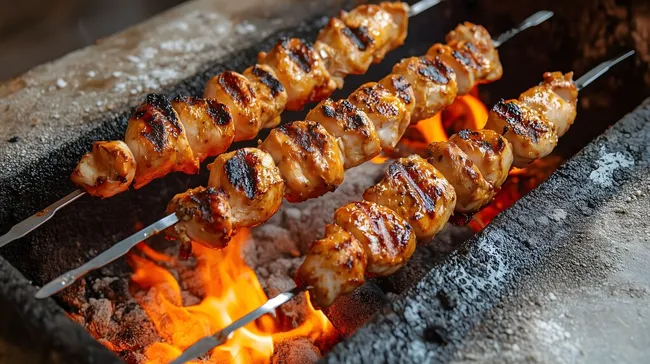 Gegrillte Hühnchenkebabs auf Holzkohle
