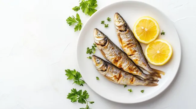 Gegrillte Kippers mit Zitronenservice auf hellem Hintergrund