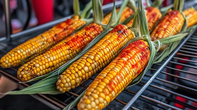 Gegrillte Maiskolben auf Rost mit Gewürzen