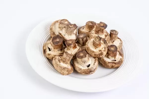 Gegrillte Pilze auf einem weißen Teller vor hellem Hintergrund