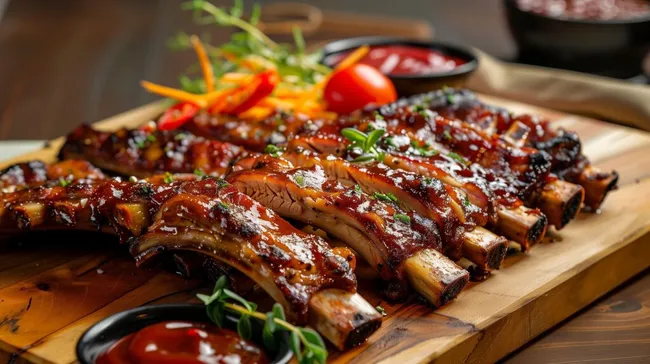 Gegrillte Schweinerippen mit würziger Sauce und knackigem Gemüse