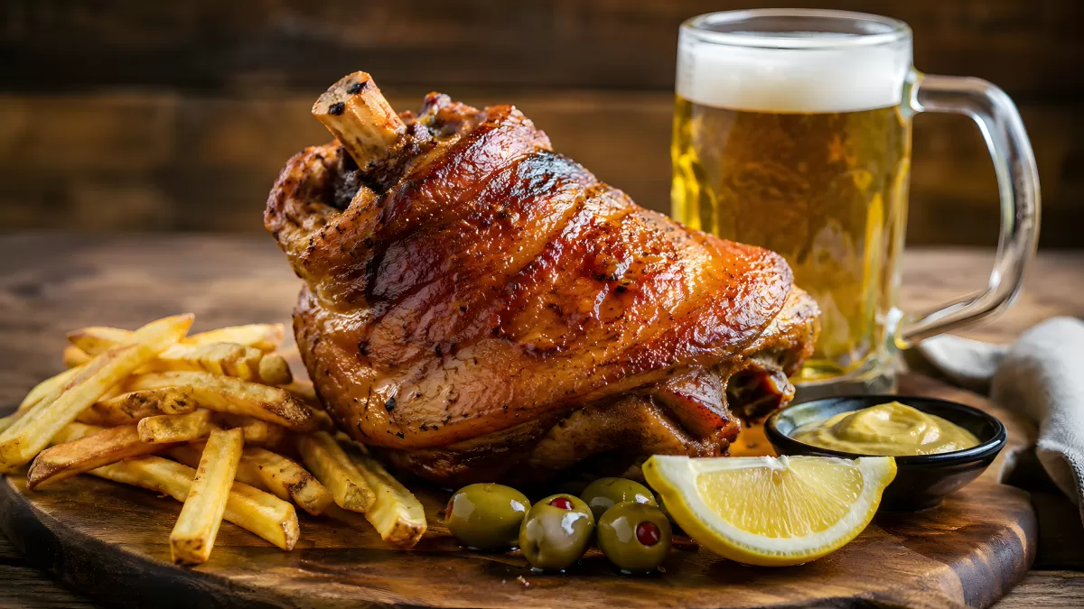 Gegrillte Schweinshaxe mit Pommes und Bier