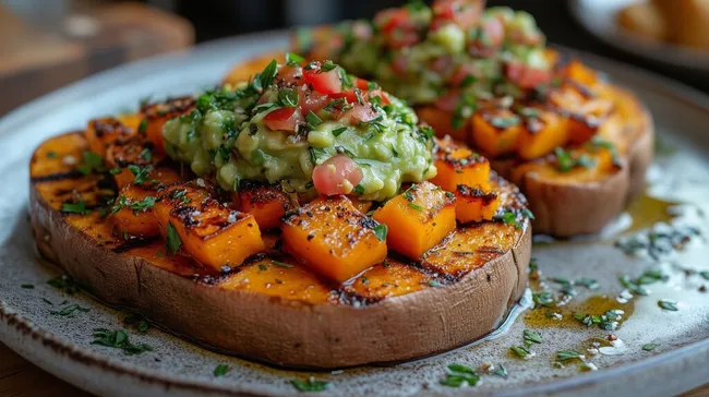 Gegrillte Süßkartoffel-Scheiben mit Avocado-Tomaten-Salsa