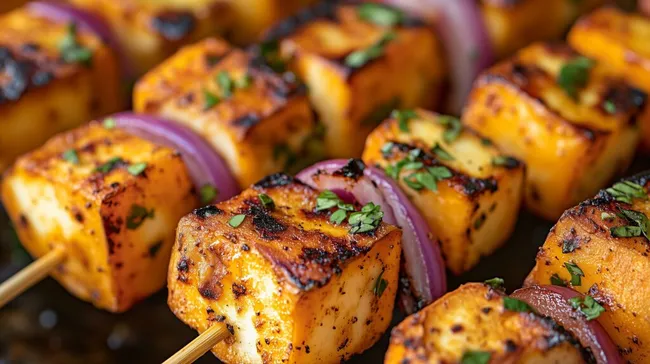 Gegrillte Süßkartoffeln und Halloumi-Spieße mit roten Zwiebeln