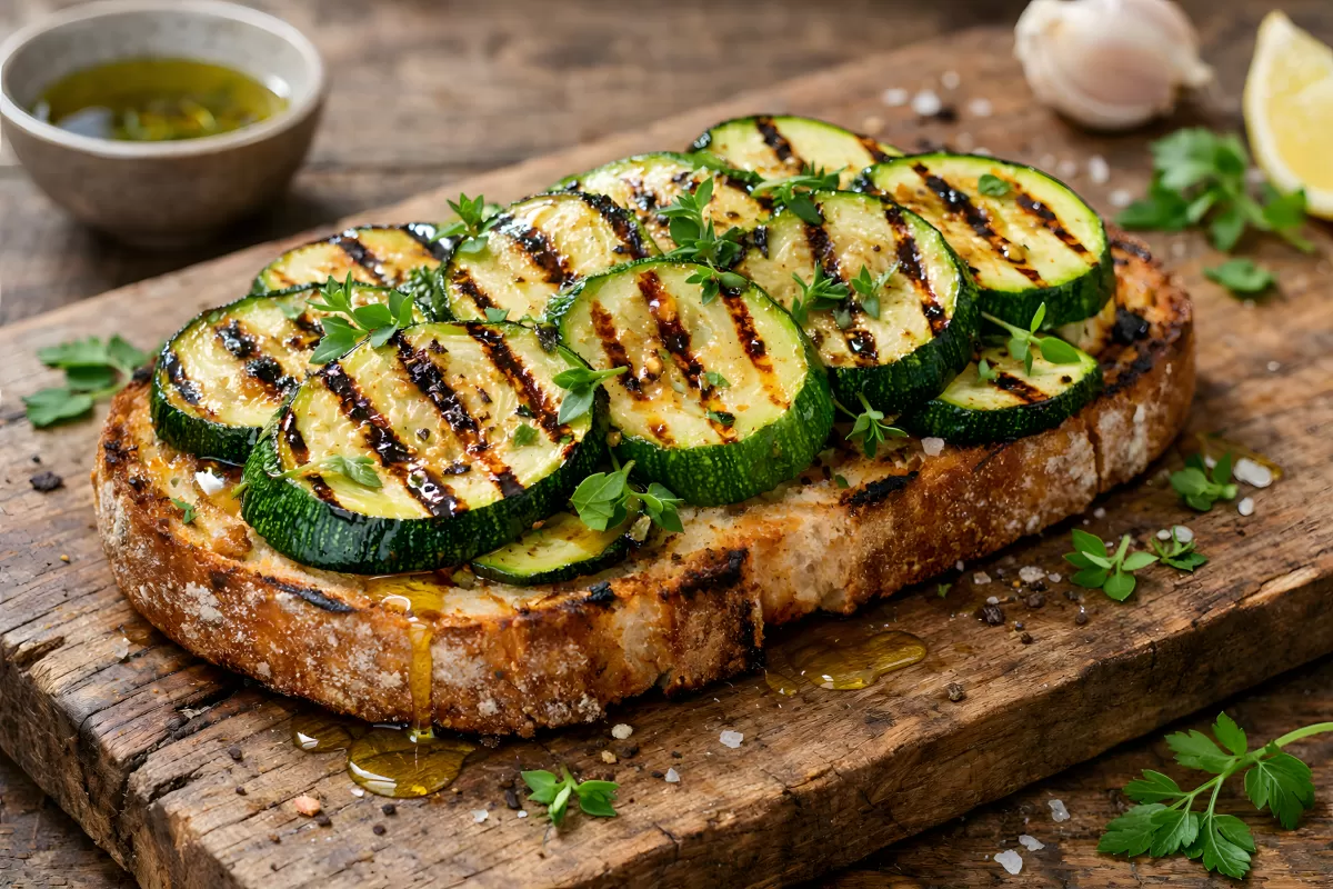Gegrillte Zucchini auf geröstetem Brot mit Kräutern