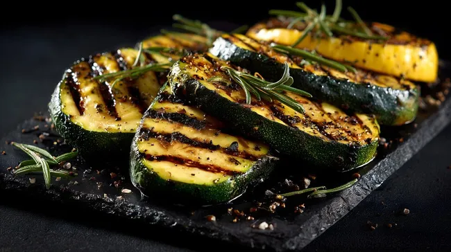Gegrillte Zucchini-Scheiben mit Rosmarin und Gewürzen