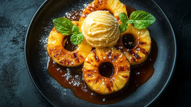 Gegrillter Ananas-Dessert mit Vanilleeis und Karamellsauce