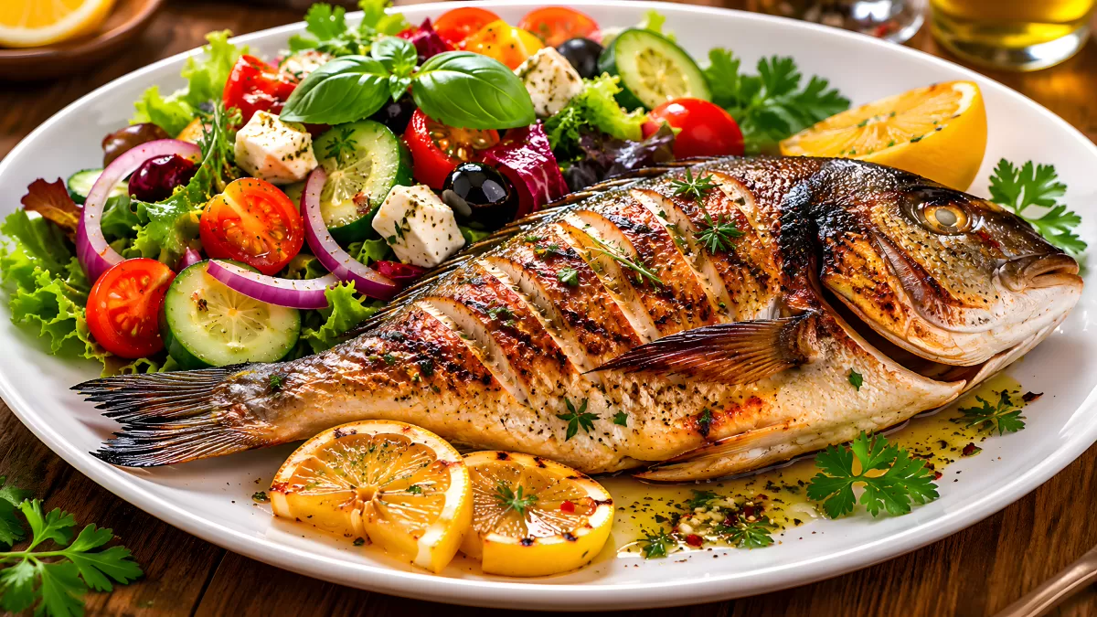 Gegrillter Dorado mit griechischem Salat auf Teller