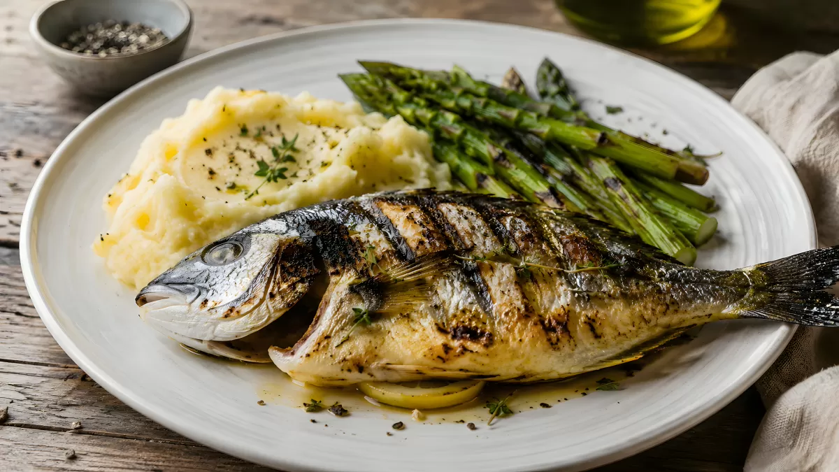 Gegrillter Dorado mit Kartoffelpüree und Spargel
