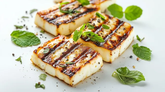 Gegrillter Halloumi-Käse mit Minze auf weißem Teller