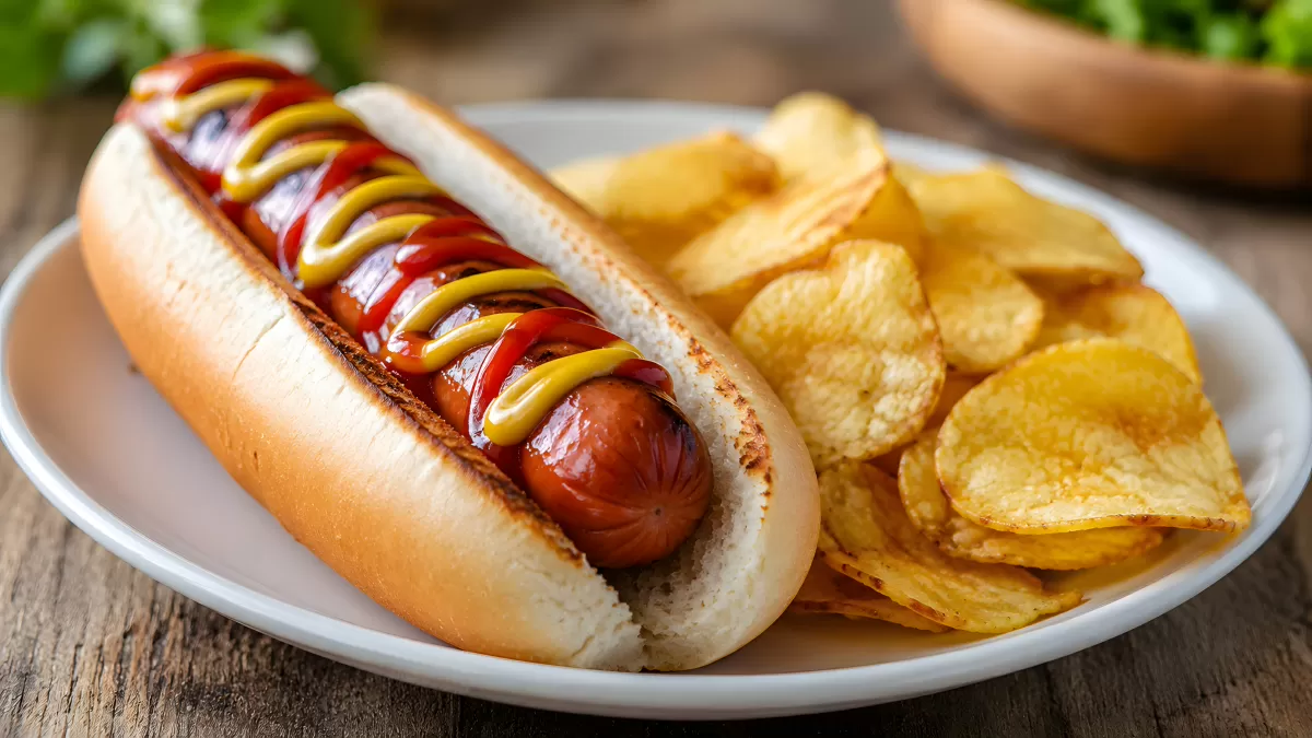 Gegrillter Hotdog mit Senf und Ketchup auf Teller