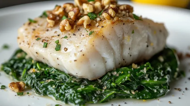 Gegrillter Kabeljau auf Spinatbett mit Nüssen