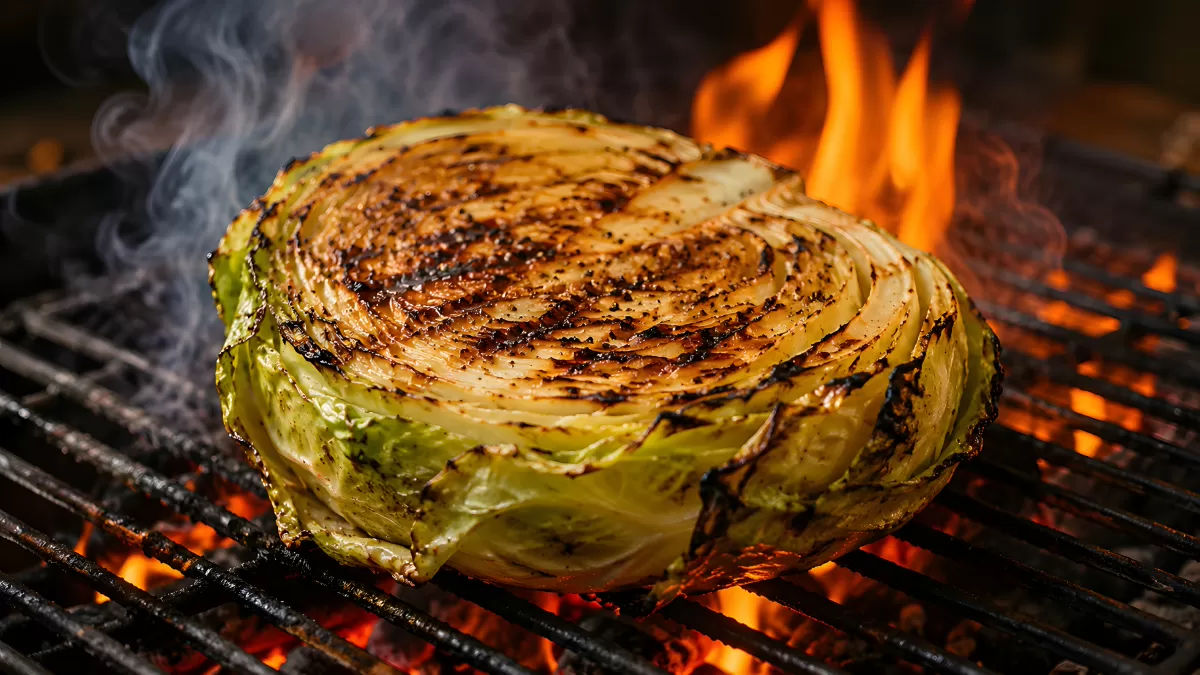Gegrillter Kohlkopf auf glühenden Grillrosten mit Flammen