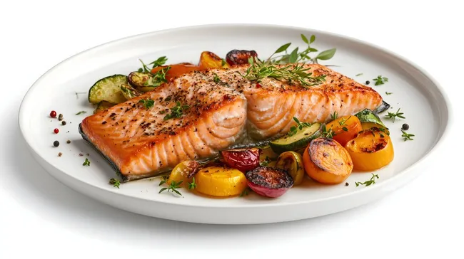 Gegrillter Lachs mit Ofengemüse auf Teller