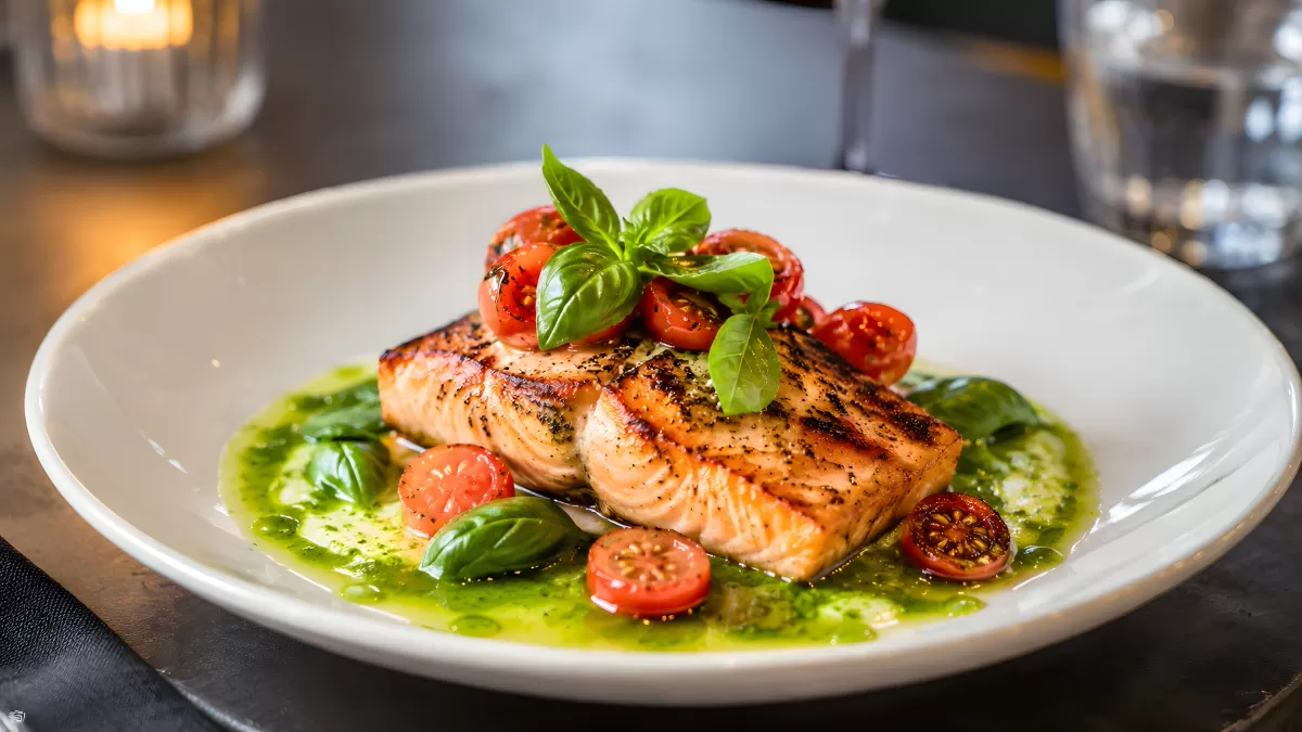 Gegrillter Lachs mit Pesto, Tomaten und Basilikum