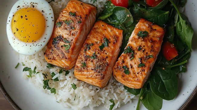 Gegrillter Lachs mit Pesto und Ei auf Reis