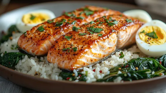 Gegrillter Lachs mit Reis, Spinat und Eiern - gesundes Hauptgericht
