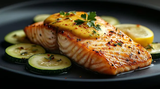 Gegrillter Lachsfilet mit Zucchini und Senfsoße