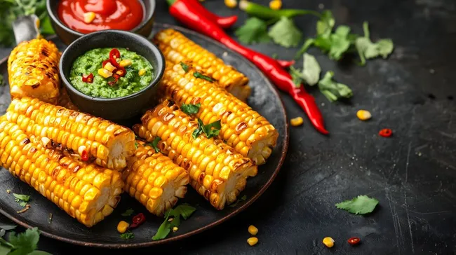 Gegrillter Mais mit grüner Salsa und scharfer Sauce